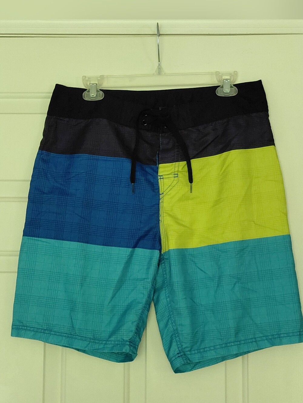 Wave Zone Mens Colorful Board Shorts Black Blue Tie Pocket Swim Trunks Size 32.